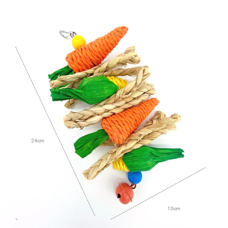Hanging layered vegetable chew toy measuring 9.4 × 3.9 in