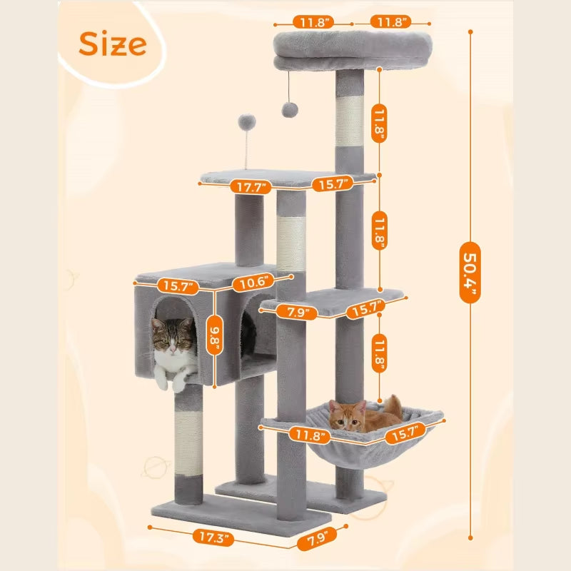 Luxury Cat Tree with Hammock, Scratching Posts & 2 Cozy Perches - Perfect Indoor Condo for Cats