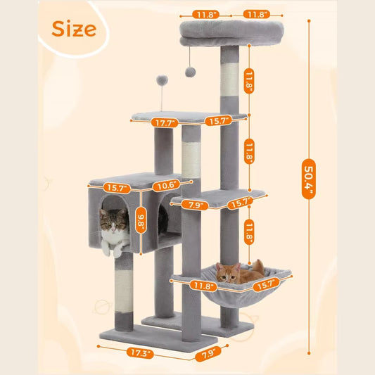 Luxury Cat Tree with Hammock, Scratching Posts & 2 Cozy Perches - Perfect Indoor Condo for Cats