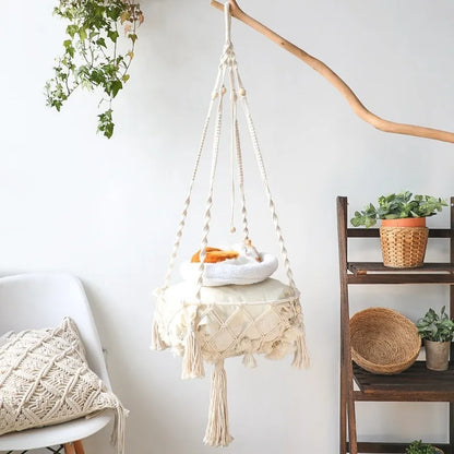 Cozy Winter Cat Hammock - Hand Woven Cotton Rope Swing for Indoor Kittens and Cats - Stylish Hanging Basket Nest