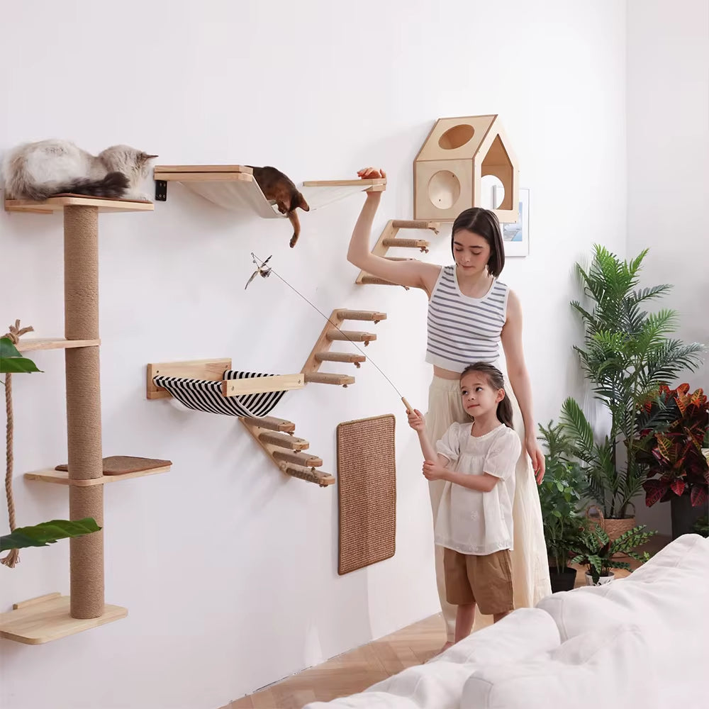 Cat Wall Climbing Shelf & Scratching Post Ladder - Cozy Hideaway Bed & Tree Tower Pet Furniture