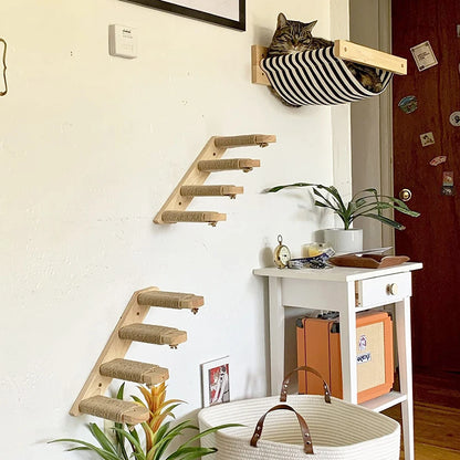 Cat Wall Climbing Shelf & Scratching Post Ladder - Cozy Hideaway Bed & Tree Tower Pet Furniture