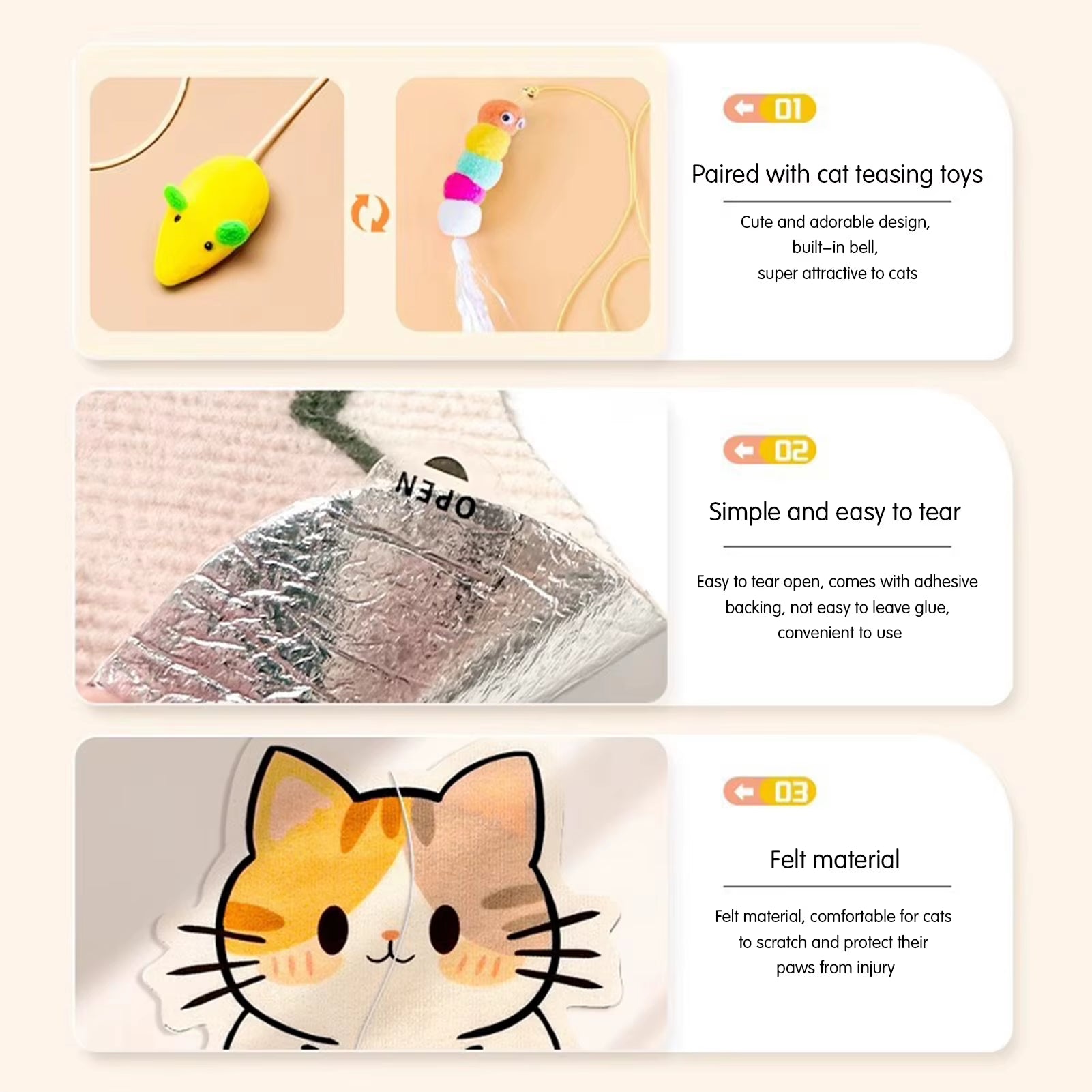 Self-Adhesive Cat Scratcher with Random Hanging Cat Toy Wall Mounted Felt Cat Scratch Mat Cats Scratcher Pad Carpet Cat Supply