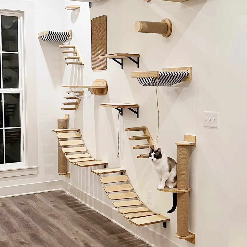 Cat Wall Climbing Shelf & Scratching Post Ladder - Cozy Hideaway Bed & Tree Tower Pet Furniture
