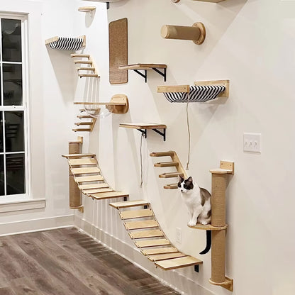 Cat Wall Climbing Shelf & Scratching Post Ladder - Cozy Hideaway Bed & Tree Tower Pet Furniture