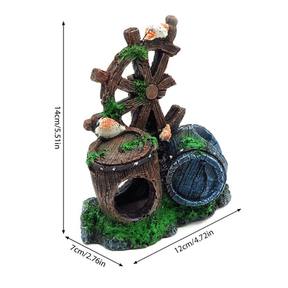 Water-wheel barrel house aquarium ornament