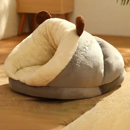 Gray plush cocoon pet bed, front view