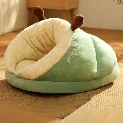 Blue plush cocoon pet bed, front view
