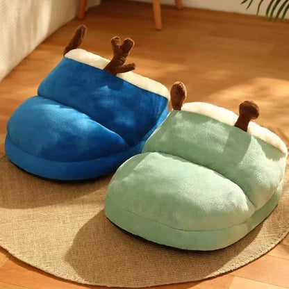 Green, blue, and gray plush cocoon pet beds