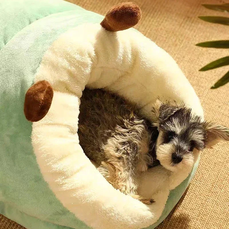Blue and green plush cocoon pet beds, rear view