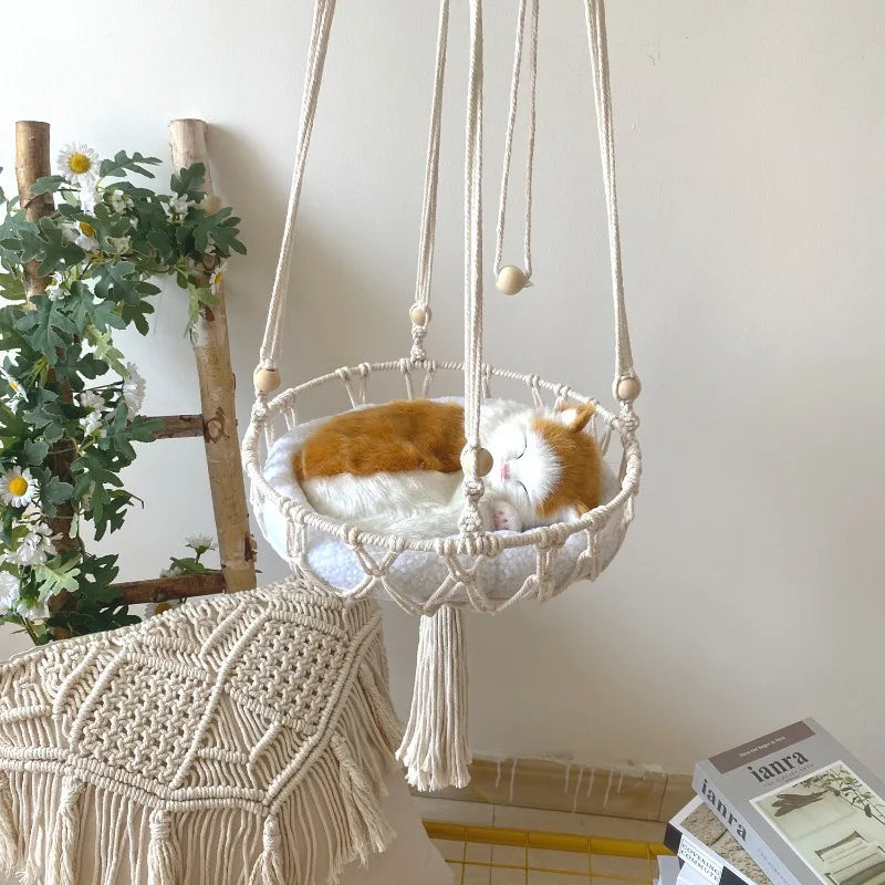 Cozy Winter Cat Hammock - Hand Woven Cotton Rope Swing for Indoor Kittens and Cats - Stylish Hanging Basket Nest