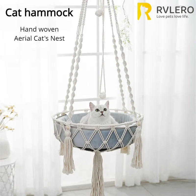 Cozy Winter Cat Hammock - Hand Woven Cotton Rope Swing for Indoor Kittens and Cats - Stylish Hanging Basket Nest