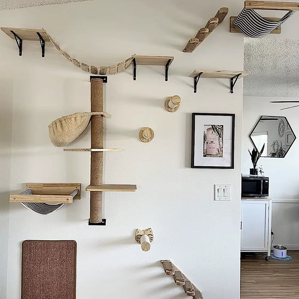 Cat Wall Climbing Shelf & Scratching Post Ladder - Cozy Hideaway Bed & Tree Tower Pet Furniture