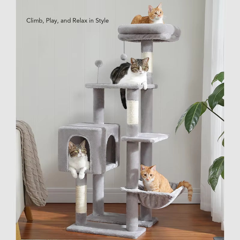 Luxury Cat Tree with Hammock, Scratching Posts & 2 Cozy Perches - Perfect Indoor Condo for Cats