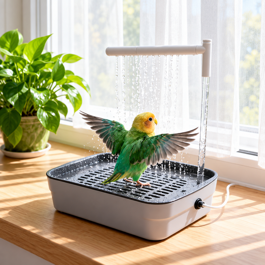 Green-and-yellow budgie enjoying an automatic rain-shower bird bath