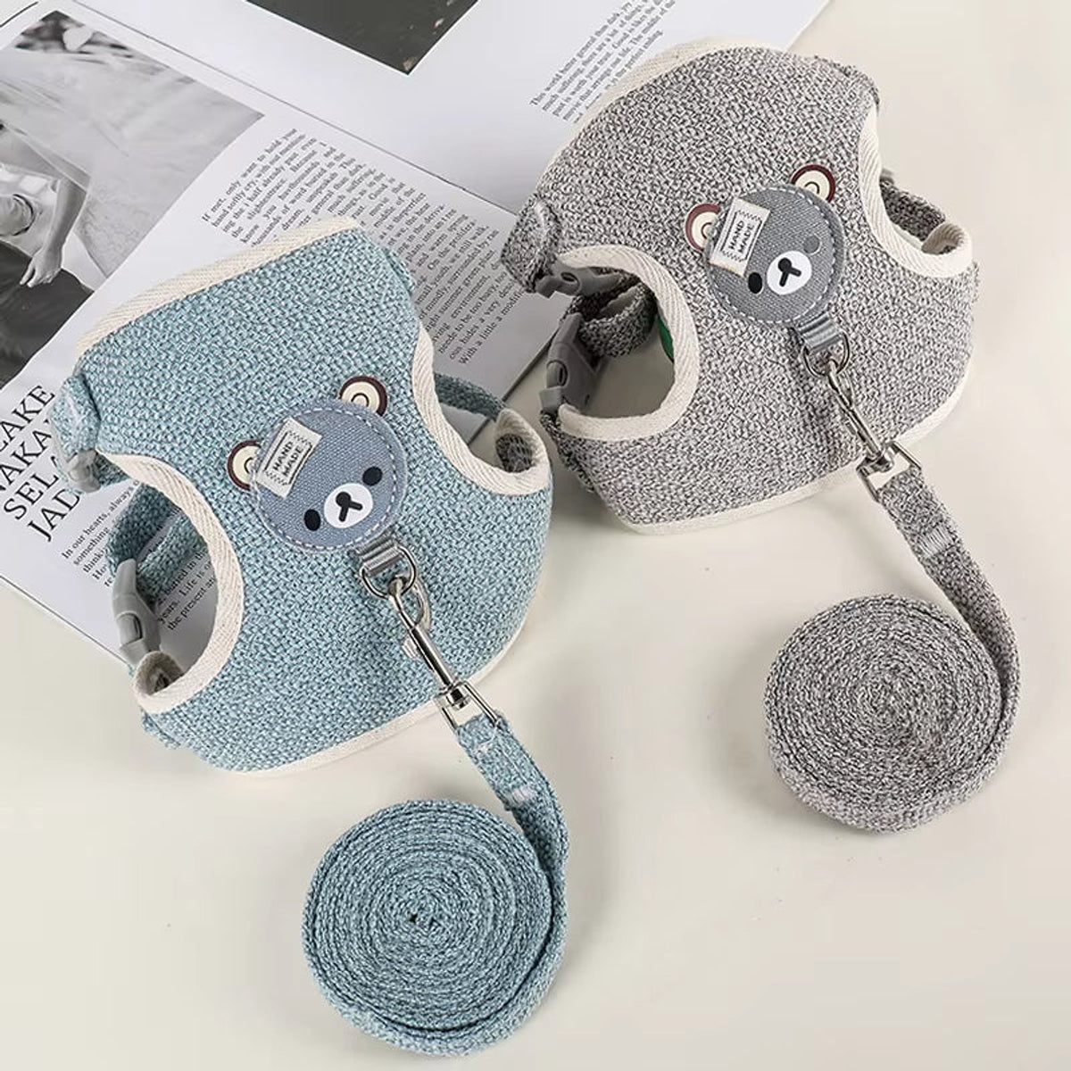Yellow and gray bunny harness sets with matching leashes