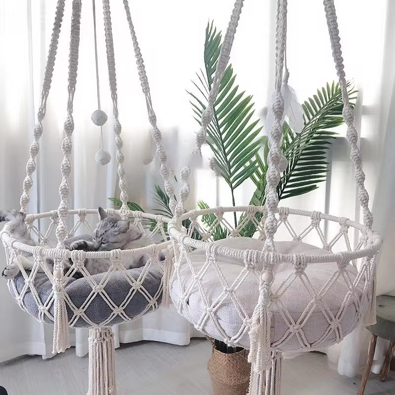 Cozy Winter Cat Hammock - Hand Woven Cotton Rope Swing for Indoor Kittens and Cats - Stylish Hanging Basket Nest