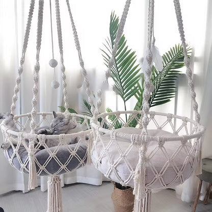Cozy Winter Cat Hammock - Hand Woven Cotton Rope Swing for Indoor Kittens and Cats - Stylish Hanging Basket Nest