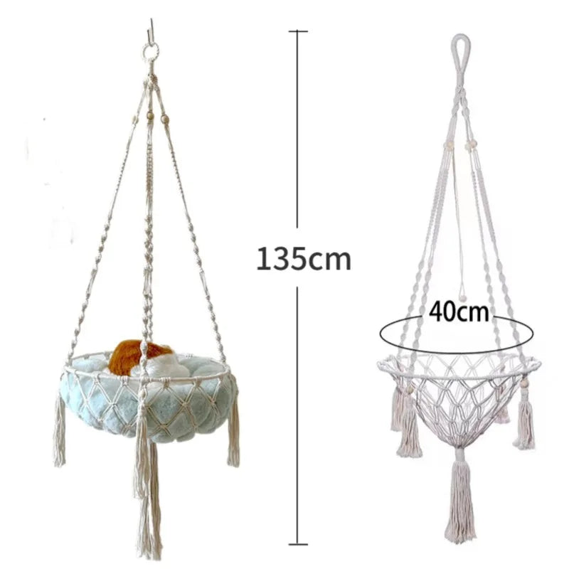 Cozy Winter Cat Hammock - Hand Woven Cotton Rope Swing for Indoor Kittens and Cats - Stylish Hanging Basket Nest