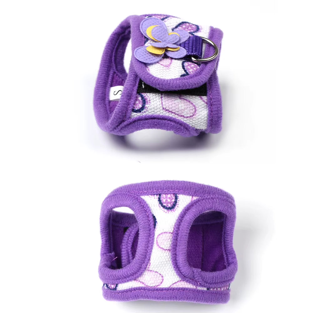 Purple butterfly-accent small-pet harness shown from the front and back