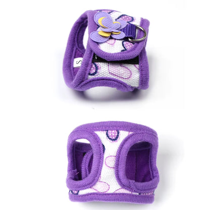Purple butterfly-accent small-pet harness shown from the front and back