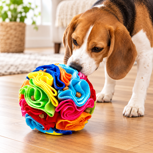 Beagle foraging for kibble in a colorful fleece snuffle ball