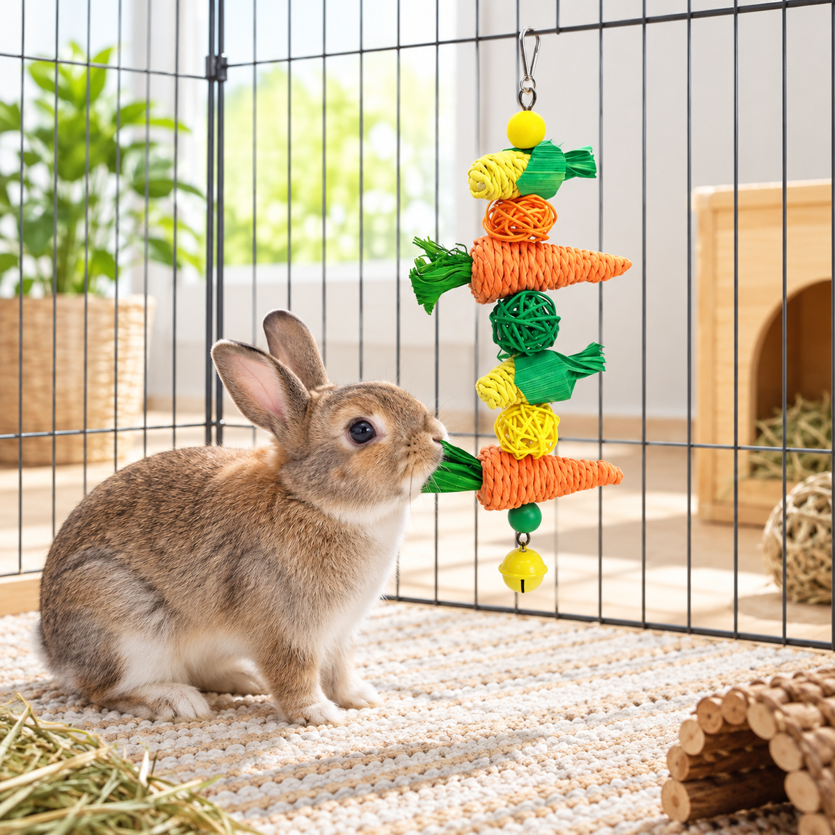Rabbit investigating a hanging carrot-and-corn chew toy in a playpen