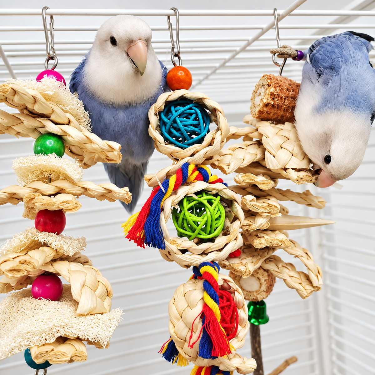 Two small parrots exploring natural shredding and chew toys