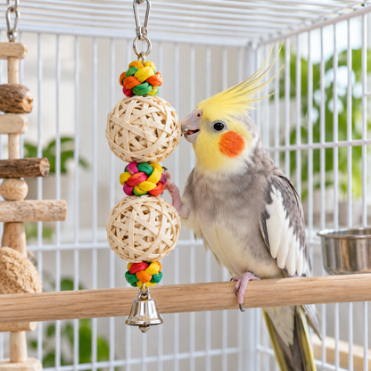 Cockatiel exploring a double natural tongcao-ball chew toy