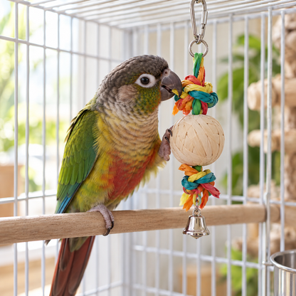 Parrot exploring a single natural tongcao-ball chew toy