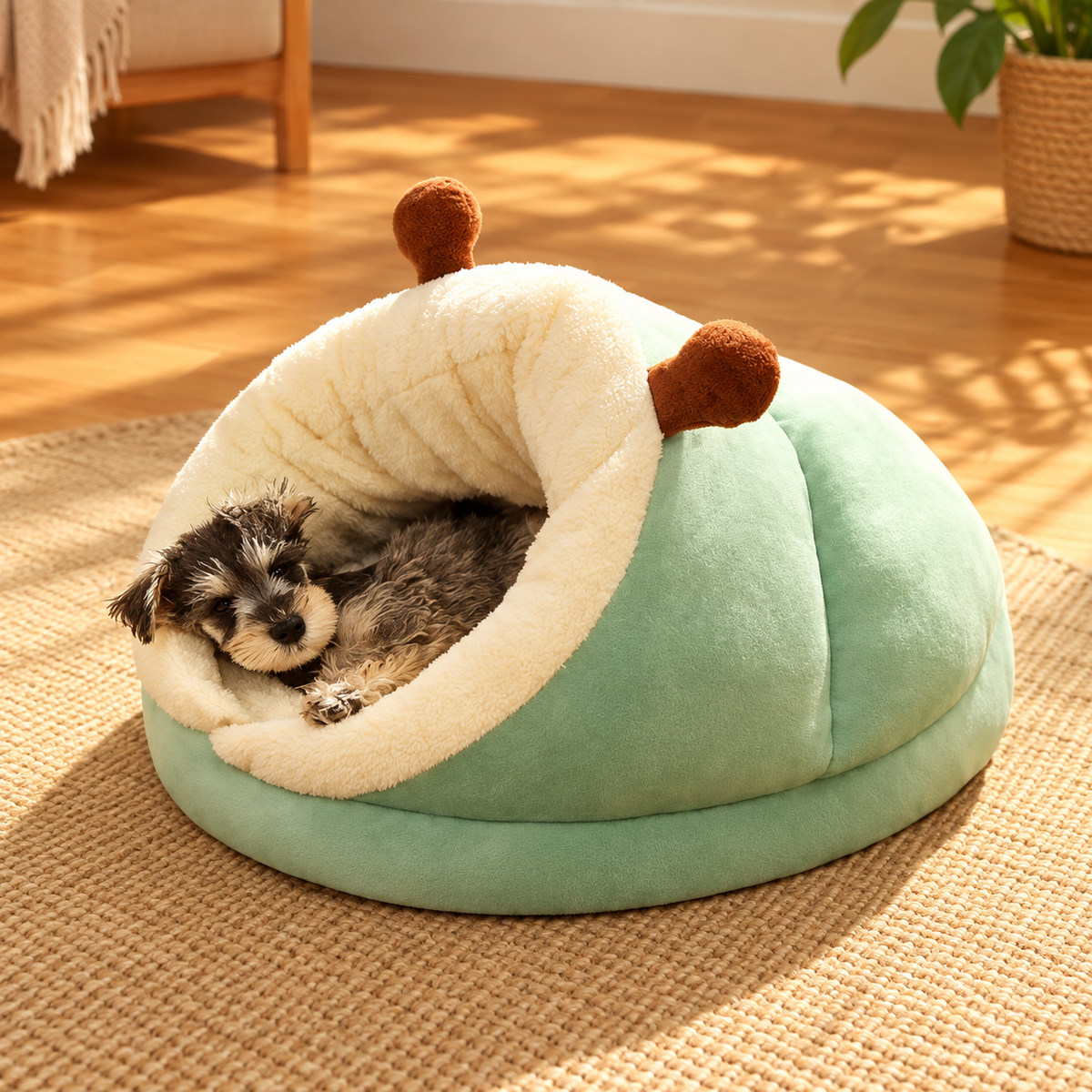 Small dog resting inside a mint-green plush cocoon pet bed