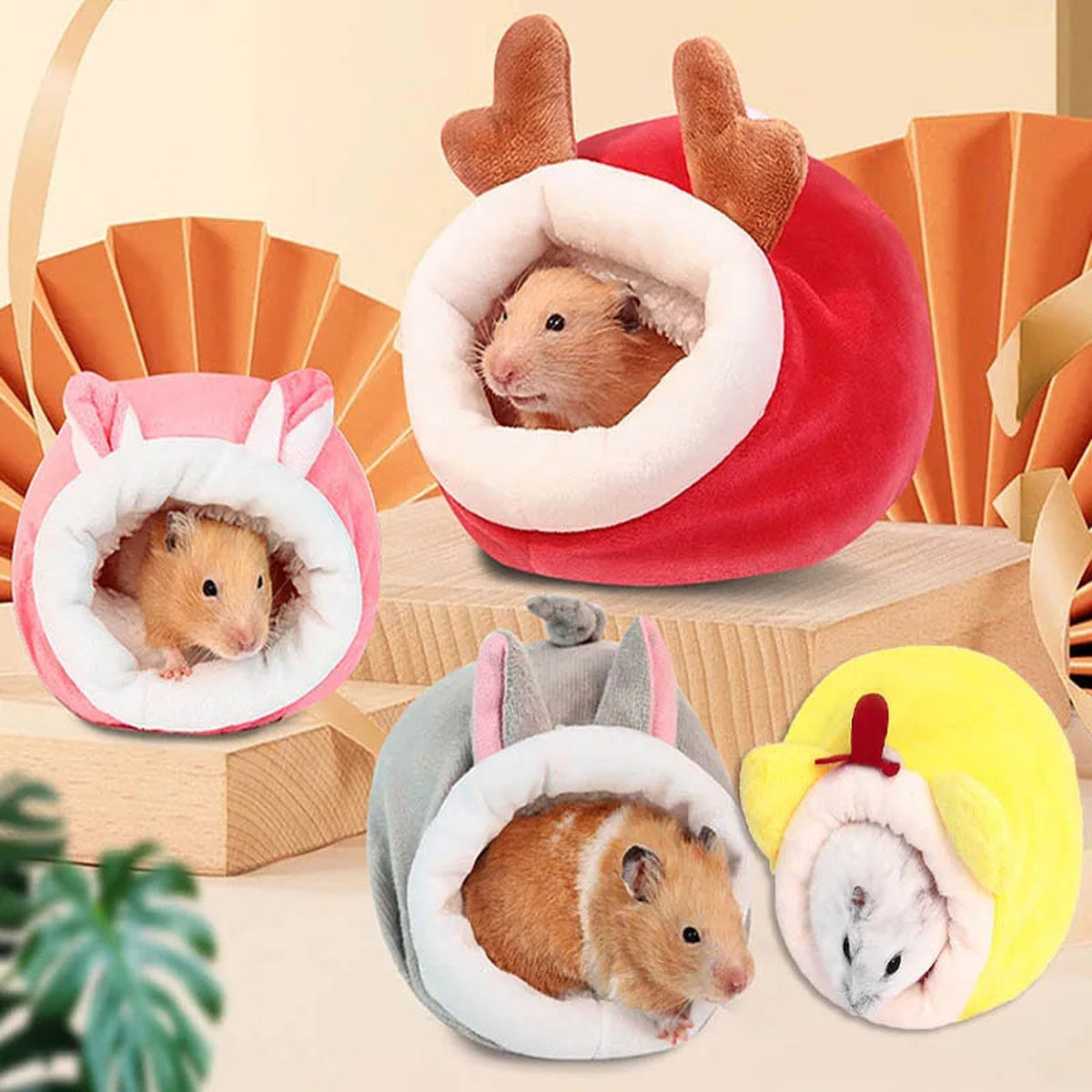 Plush hamster hideaway with a small pet inside