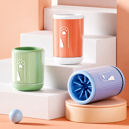 Portable paw-washing cups in coral, green, and blue