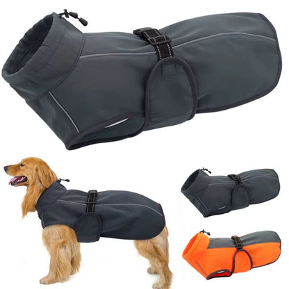 Large dog wearing a reflective waterproof fleece coat