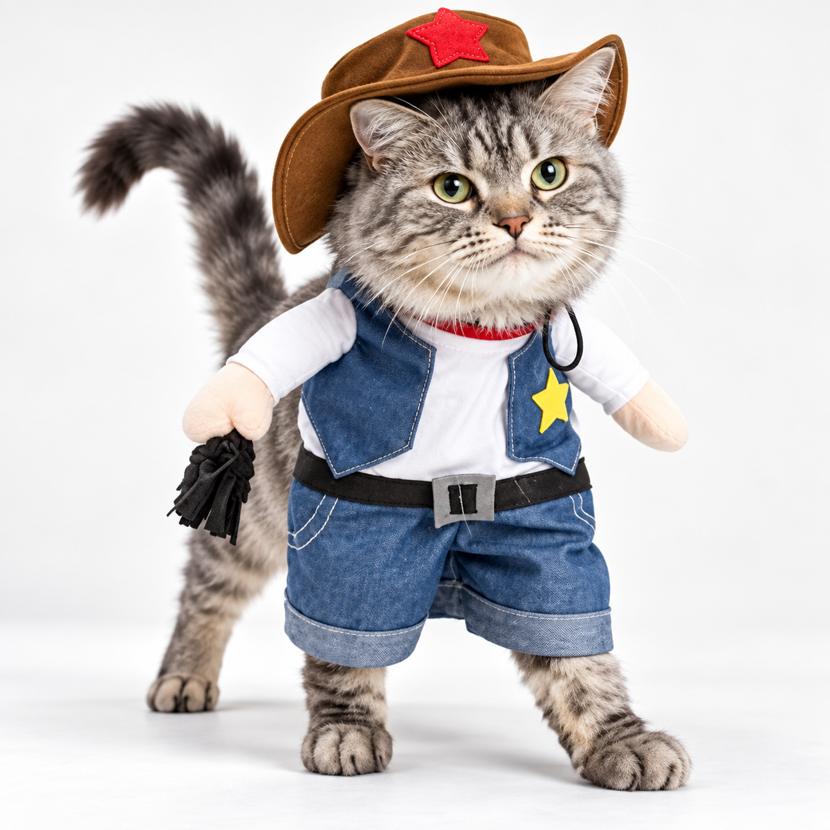 Gray tabby cat wearing a rider-style cowboy costume