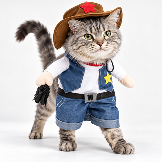 Gray tabby cat wearing a rider-style cowboy costume