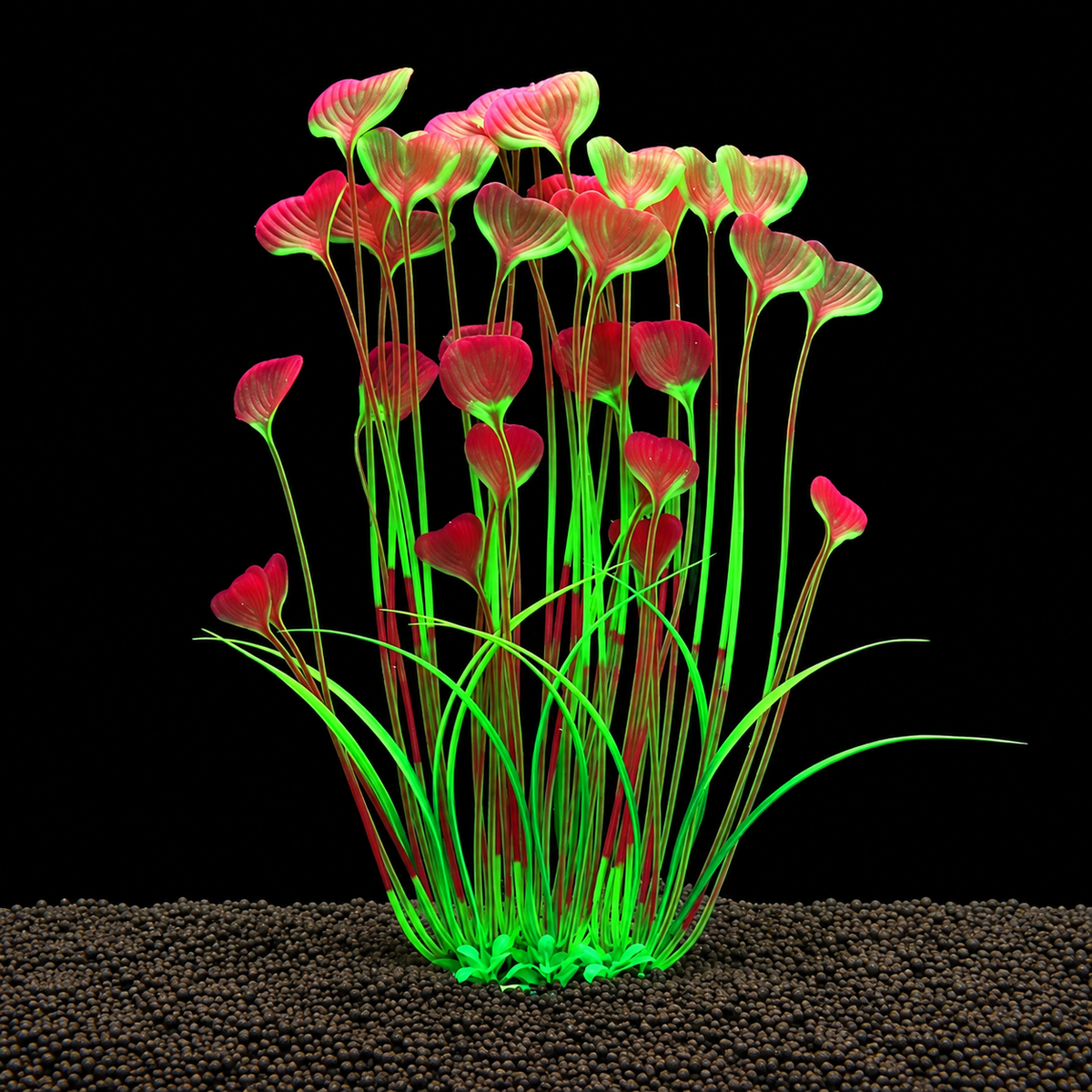 Tall red and green artificial aquarium plant in dark gravel